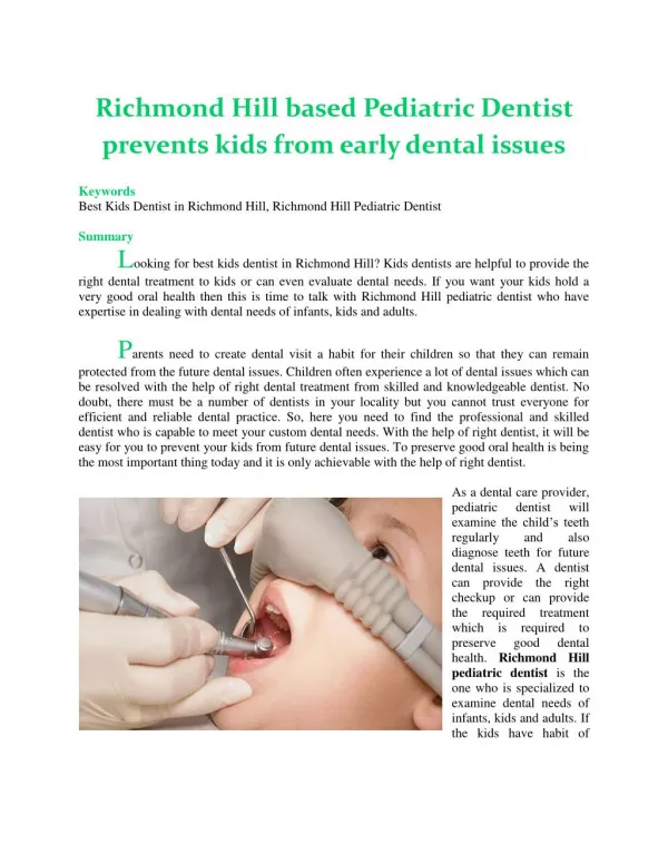 Richmond Hill based Pediatric Dentist prevents kids from early dental issues