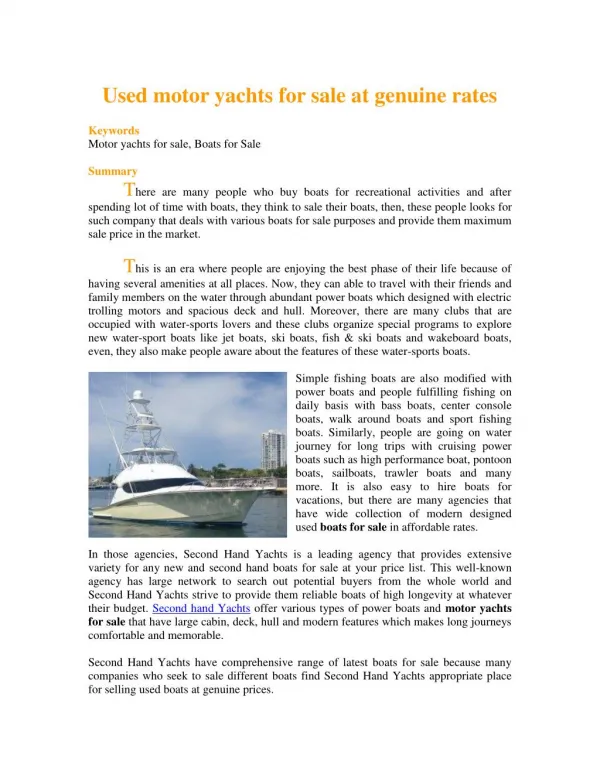 Used motor yachts for sale at genuine rates