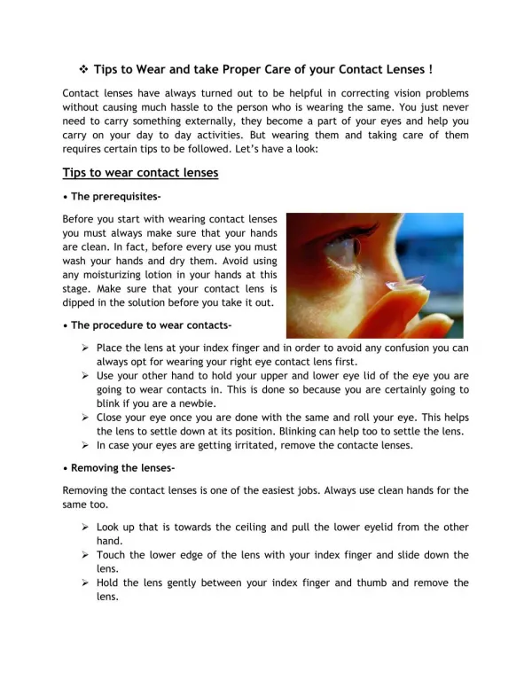 Tips to Wear and take Proper Care of your Contact Lenses !