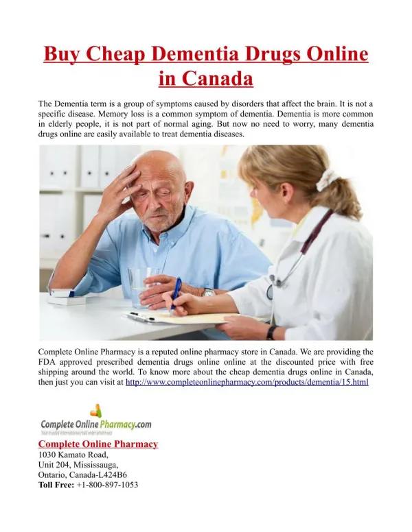 Buy Cheap Dementia Drugs Online in Canada
