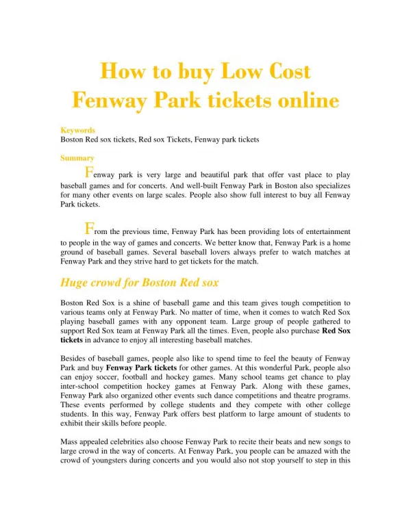 How to buy Low Cost Fenway Park tickets online