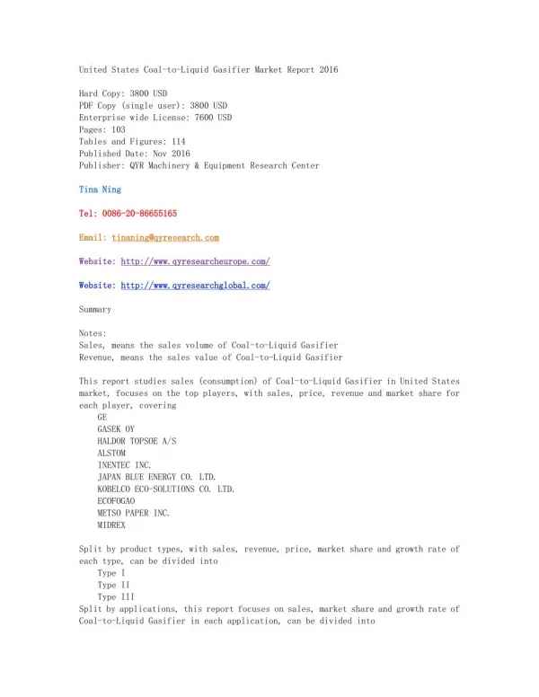 United States Coal-to-Liquid Gasifier Market Report 2016