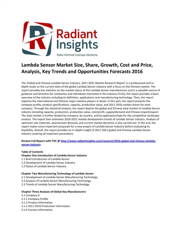Lambda Sensor Market Size, Share, Cost and Price, Analysis, Key Trends and Opportunities Forecasts 2016