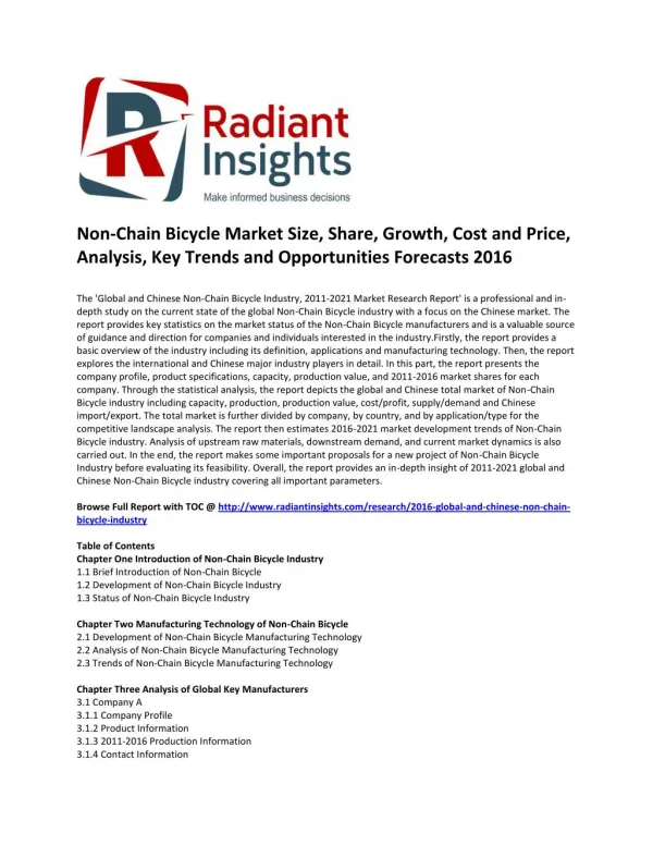 Non-Chain Bicycle Market Size, Share, Growth, Cost and Price, Key Trends and Opportunities Forecasts 2016