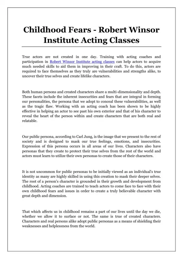 Childhood Fears - Robert Winsor Institute Acting Classes