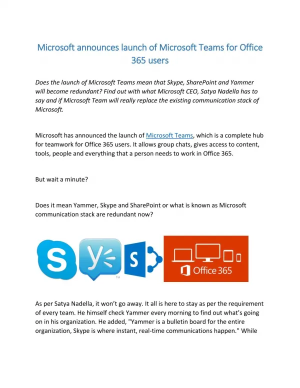 Microsoft announces launch of Microsoft Teams for Office 365 users