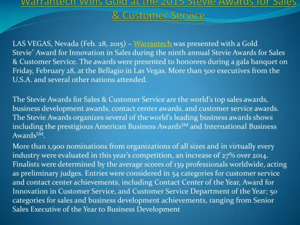 Warrantech Wins Gold at the 2015 Stevie Awards for Sales & Customer Service