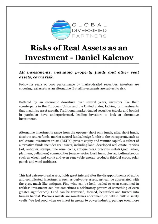 Risks of Real Assets as an Investment - Daniel Kalenov