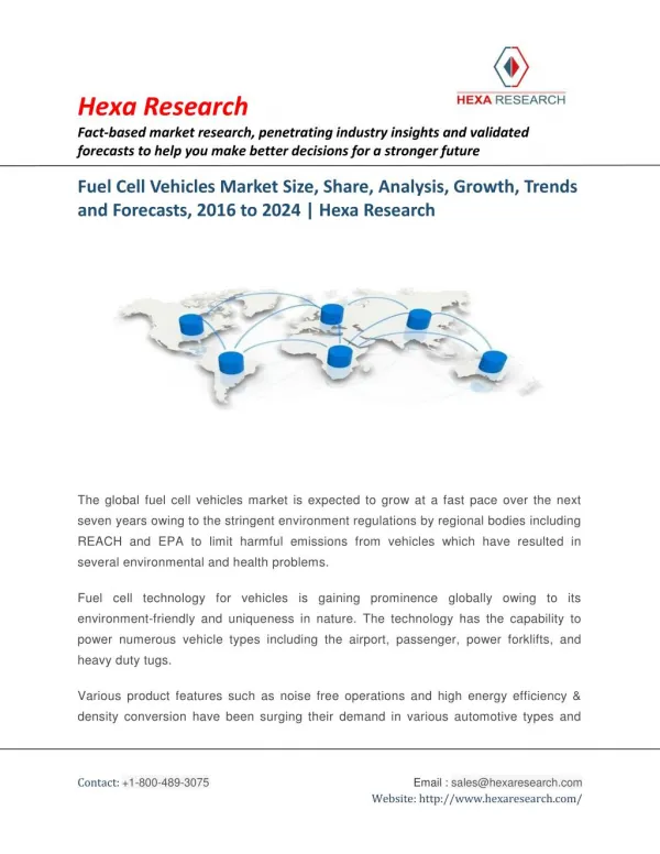 Fuel Cell Vehicles Market Size, Share, Analysis, Growth, Trends and Forecasts, 2016 to 2024 | Hexa Research