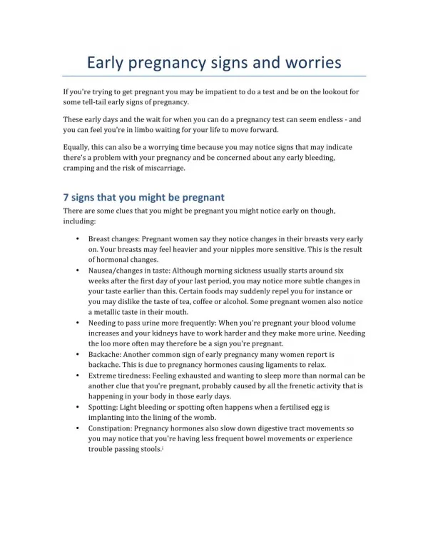 Early pregnancy signs and worries