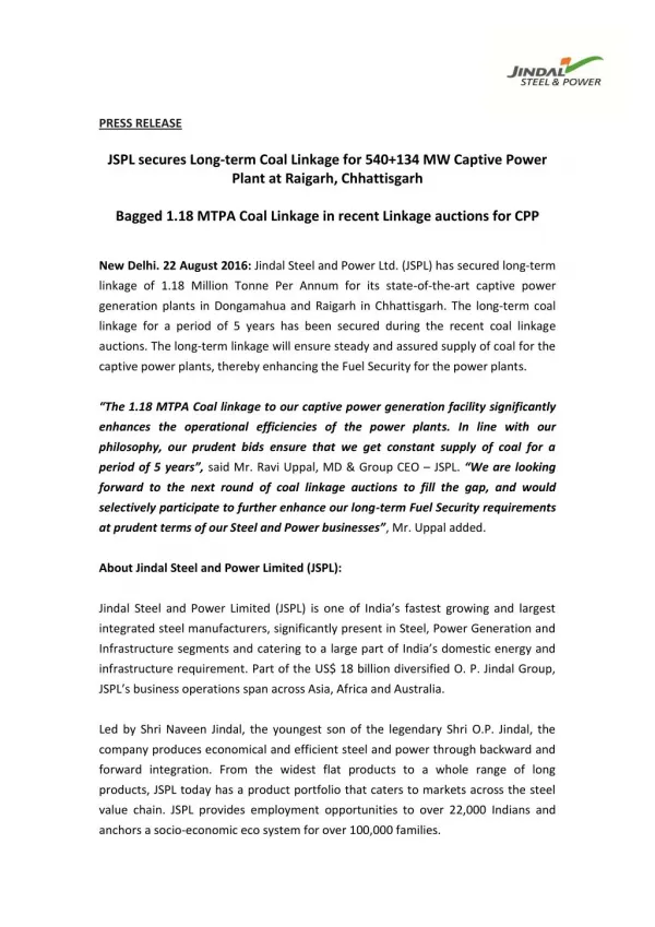 JSPL secures Long-term Coal Linkage for 540 134 MW Captive Power Plant at Raigarh, Chhattisgarh