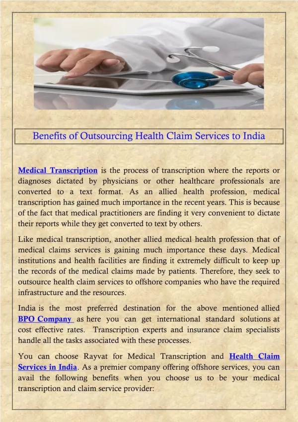 Benefits of Outsourcing Health Claim Services to India