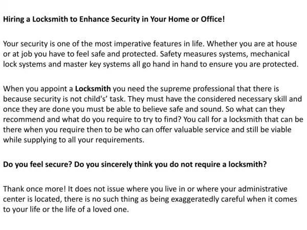 Hiring a Locksmith to Enhance Security in Your Home or Office!