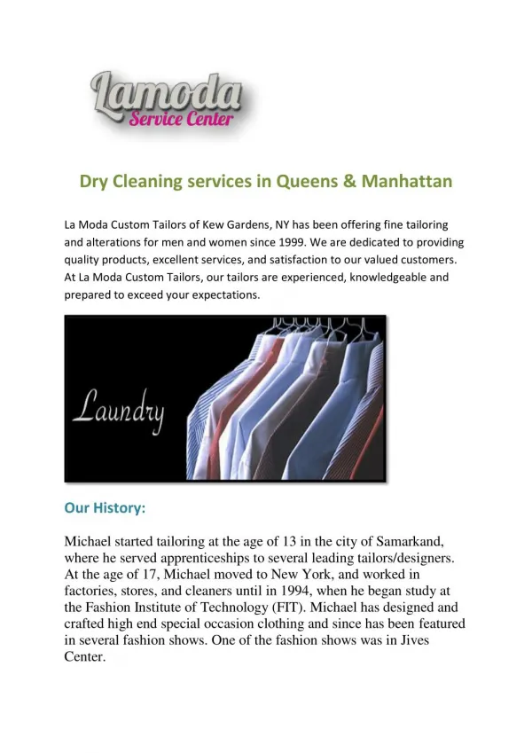 Dry Cleaning services in Queens & Manhattan