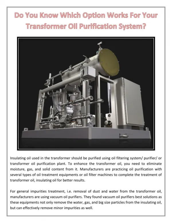 Do You Know Which Option Works For Your Transformer Oil Purification System?