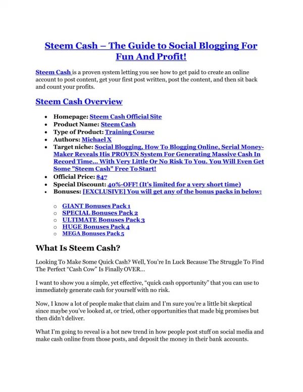 Steem Cash review in detail – Steem Cash Massive bonus
