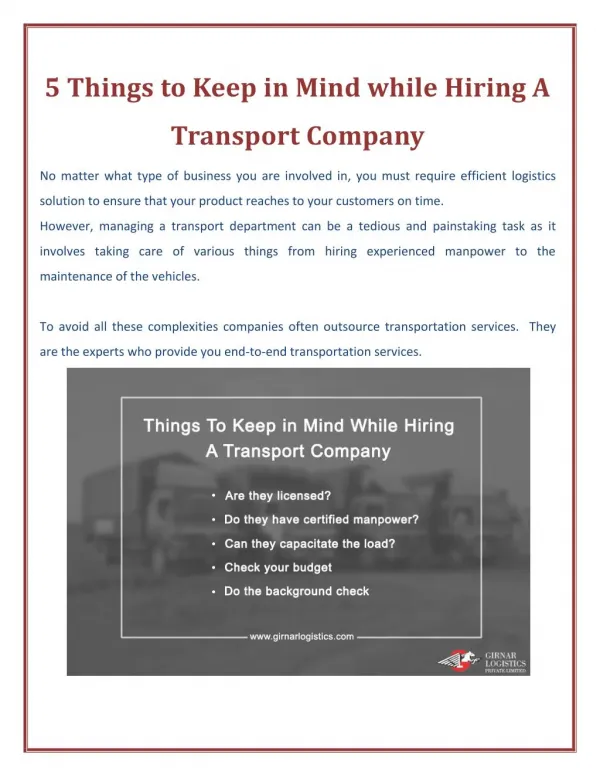 Transport Company in Ahmedabad - Requirement of Your Business
