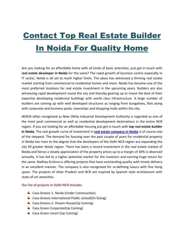 Contact Top Real Estate Builder In Noida For Quality Home