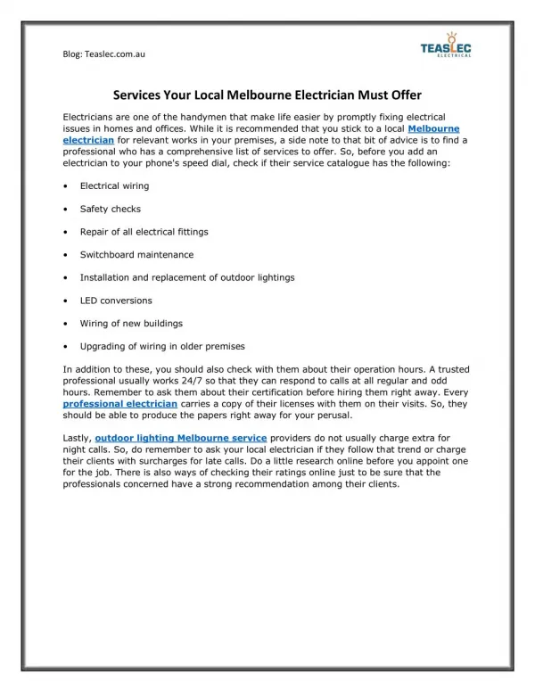Read Services Your Local Melbourne Electrician Must Offer
