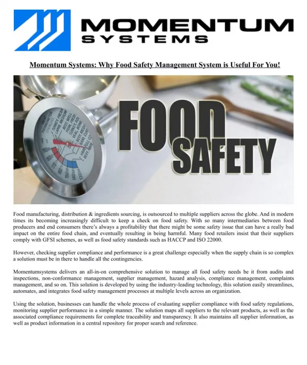 Momentum Systems: Why Food Safety Management System is Useful For You!