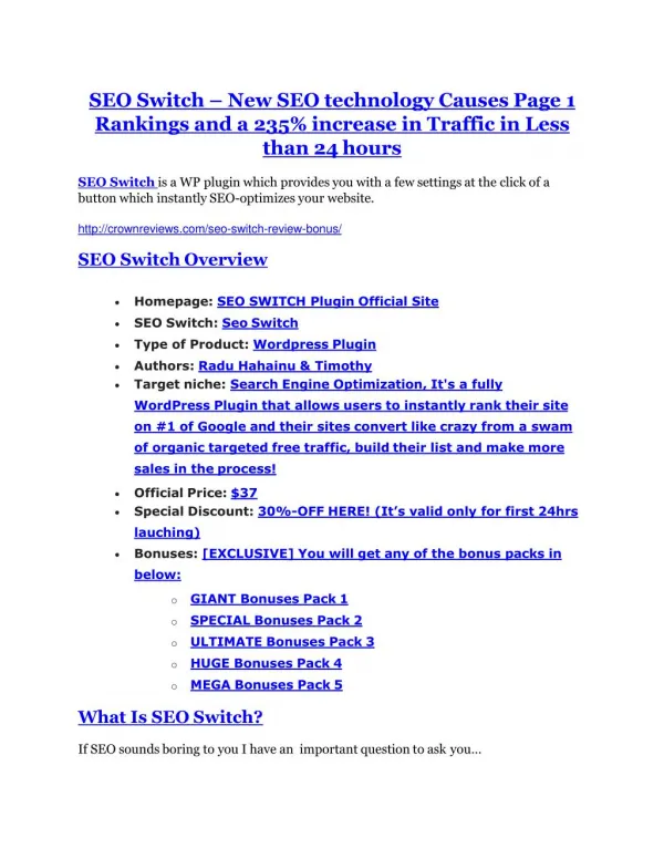 SEO Switch REVIEW and GIANT $21600 bonuses