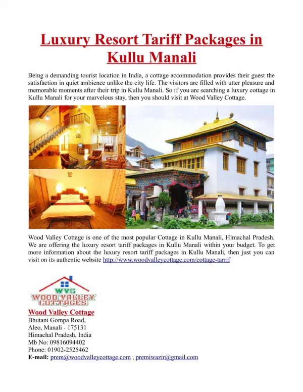 Luxury Resort Tariff Packages in Kullu Manali