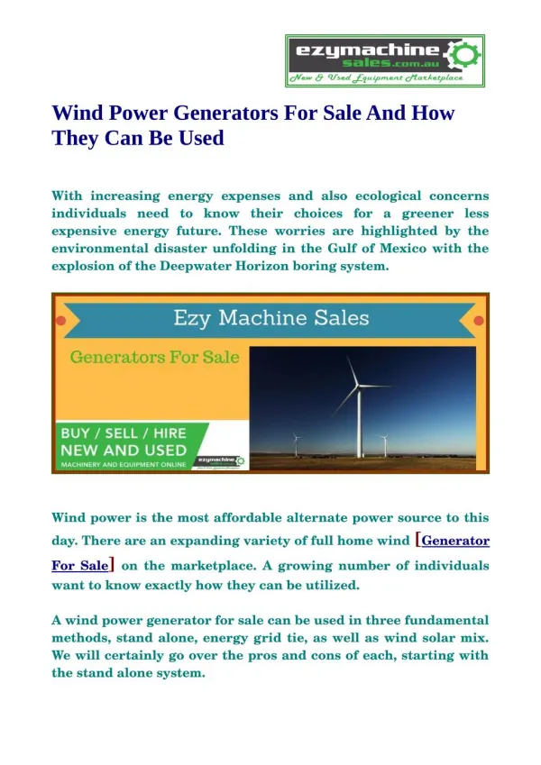 Find the best selection of wind generator here at EzyMachineSale.