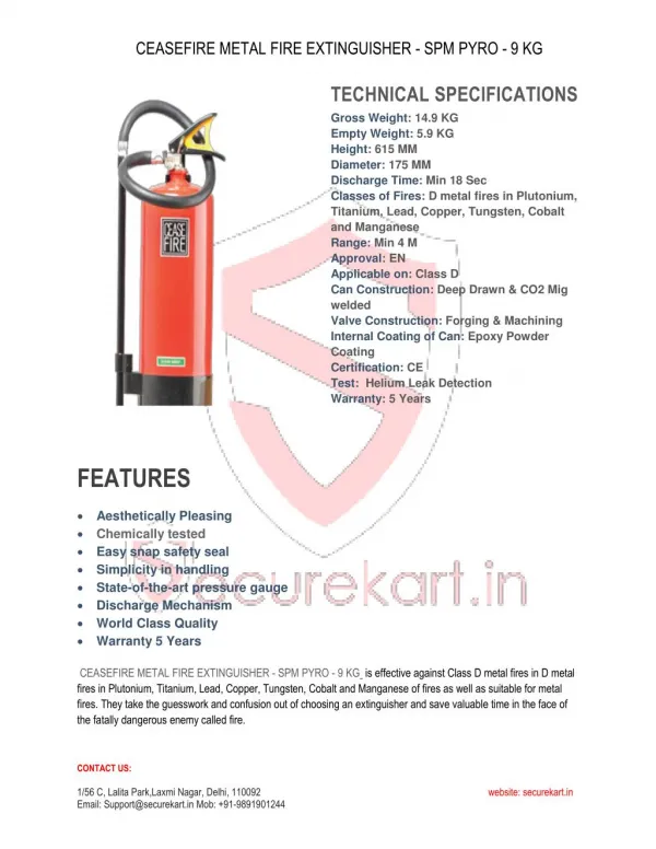 Features of Ceasefire Metal Fire Extinguishers SPM-PYRO - 9 Kg