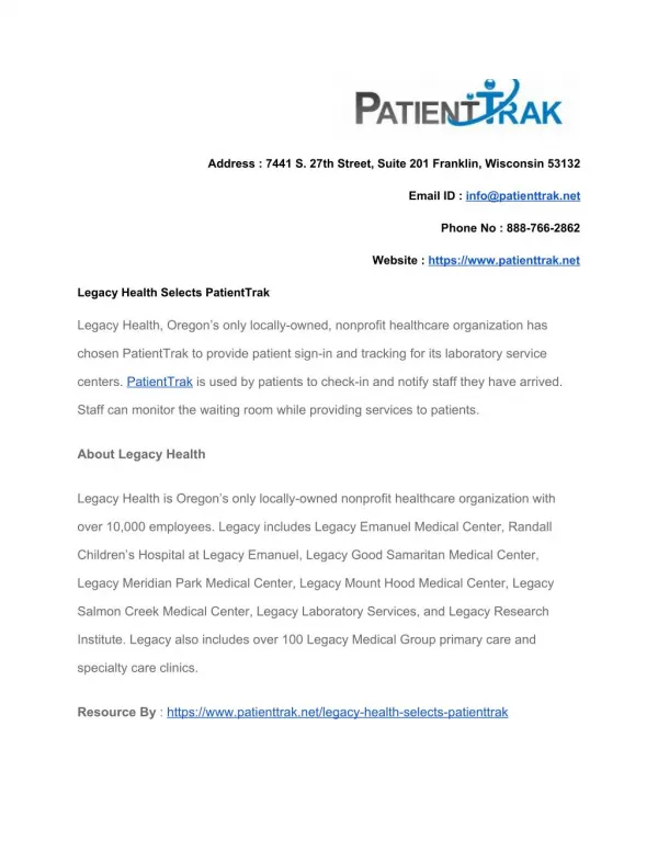 Legacy Health Selects PatientTrak