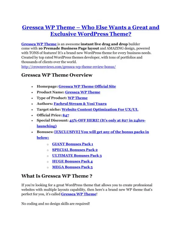 Gressca WP Theme Review and (MASSIVE) $23,800 BONUSES