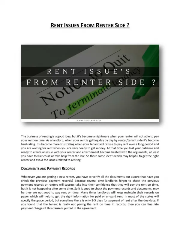 RENT ISSUES FROM RENTER SIDE?