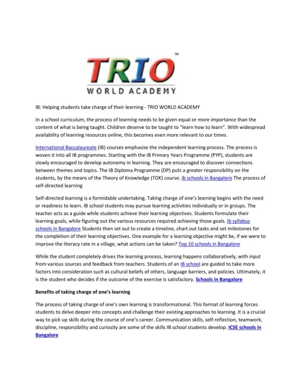 IB: Helping students take charge of their learning - TRIO WORLD ACADEMY