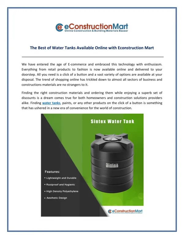 Buy Best Brands Water Tank Available Online with Econstruction Mart