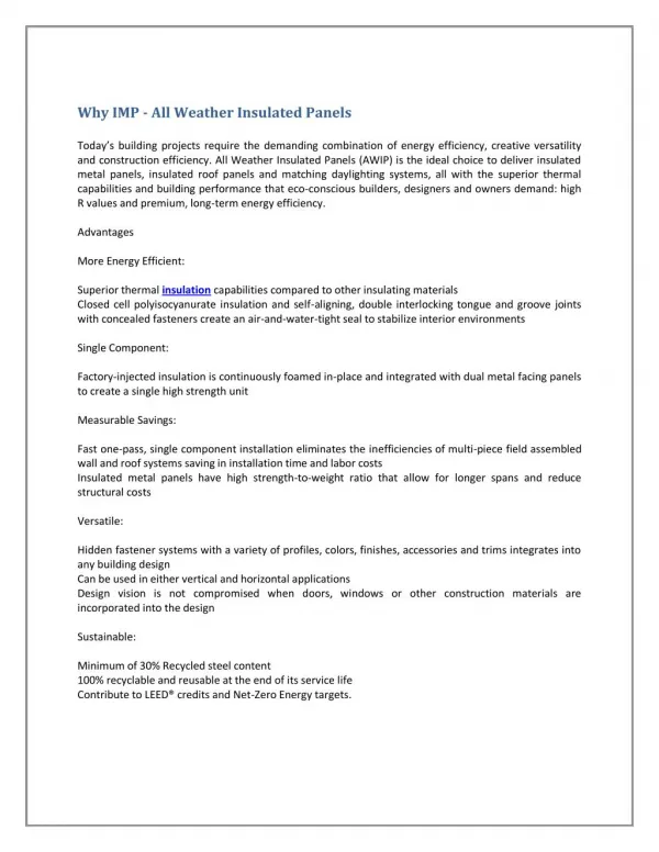 Why IMP - All Weather Insulated Panels