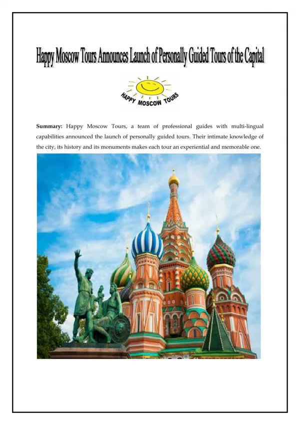 Happy Moscow Tours Announces Launch of Personally Guided Tours of the Capital
