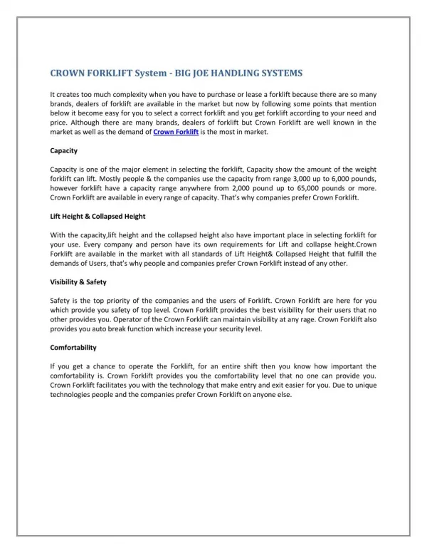 CROWN FORKLIFT System - BIG JOE HANDLING SYSTEMS