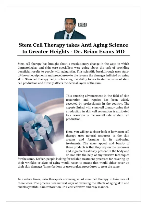 Stem Cell Therapy takes Anti Aging Science to Greater Heights - Dr. Brian Evans MD