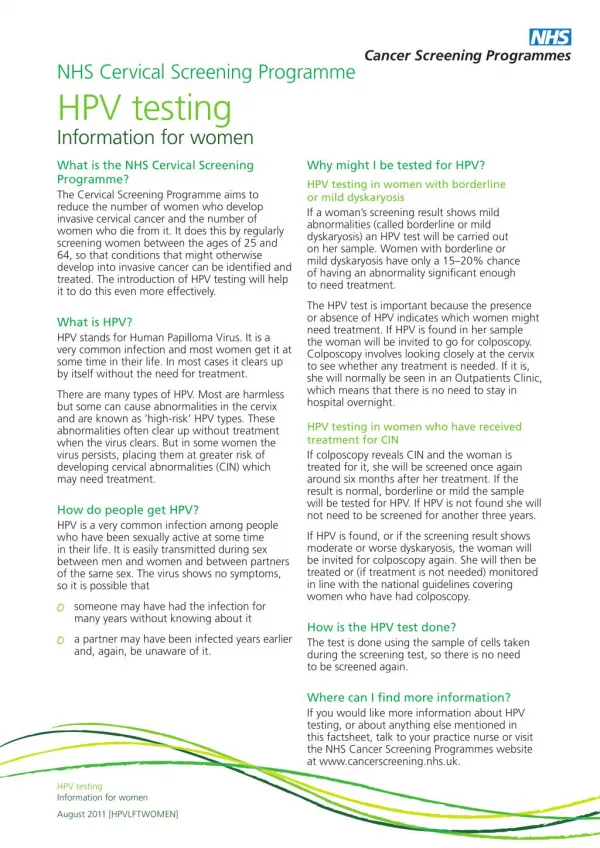 NHS Cervical Screening Programme HPV testing Information for women