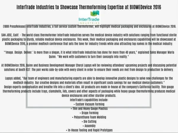InterTrade Industries to Showcase Thermoforming Expertise at BIOMEDevice 2016