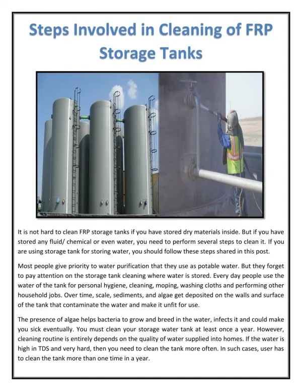Steps Involved in Cleaning of FRP Storage Tanks