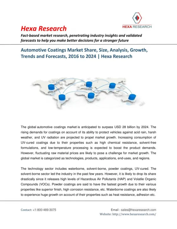 Automotive Coatings Market To Grow Beyond $28 Million By 2024 - Industry Analysis by Hexa Research
