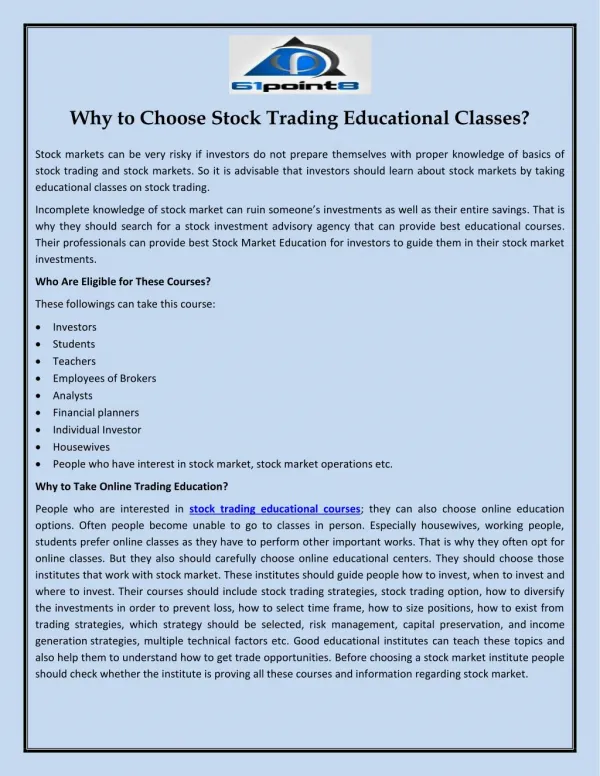 Why to Choose Stock Trading Educational Classes?