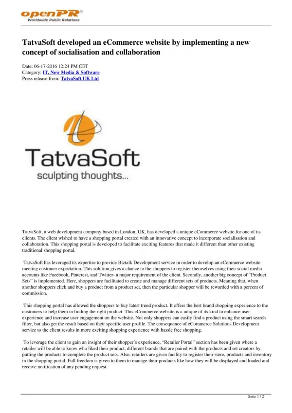 TatvaSoft developed an eCommerce website by implementing a new concept of socialisation and collaboration