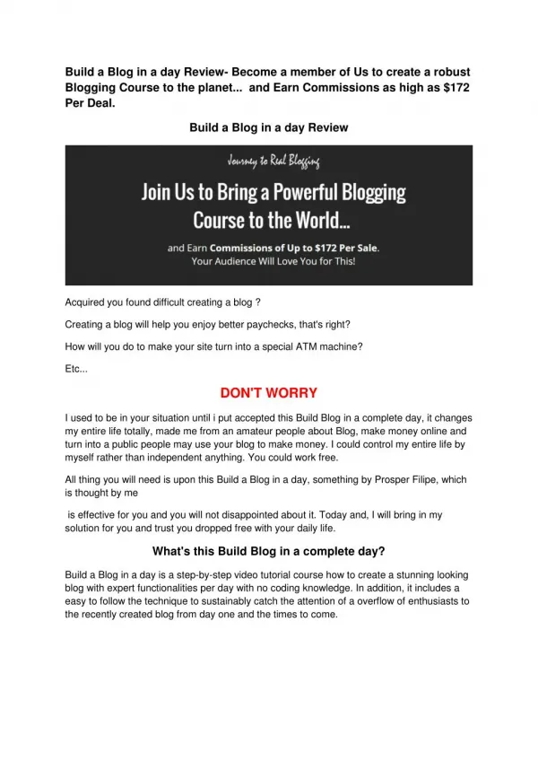Build A Blog In A Day Review- Join Us to Bring a Powerful Blogging Course to the World and Earn Commissions of Up to $1