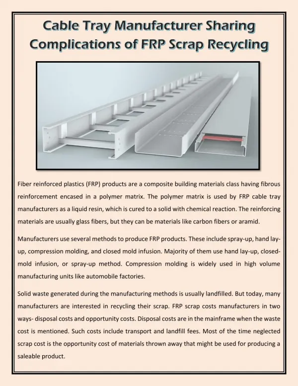 Cable Tray Manufacturer Sharing Complications of FRP Scrap Recycling