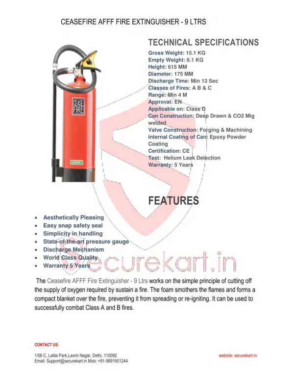 Features of Ceasefire Fire Extinguisher AFFF Foam-9 Itr