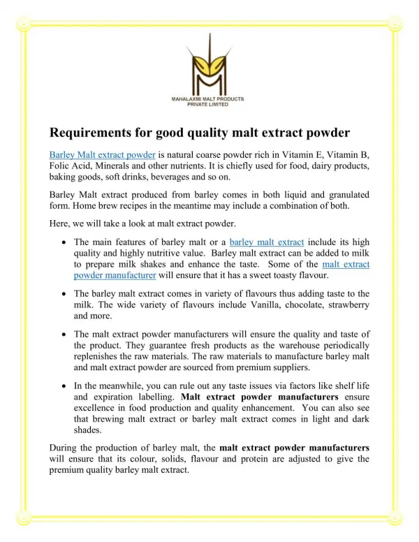 Requirements for good quality malt extract powder