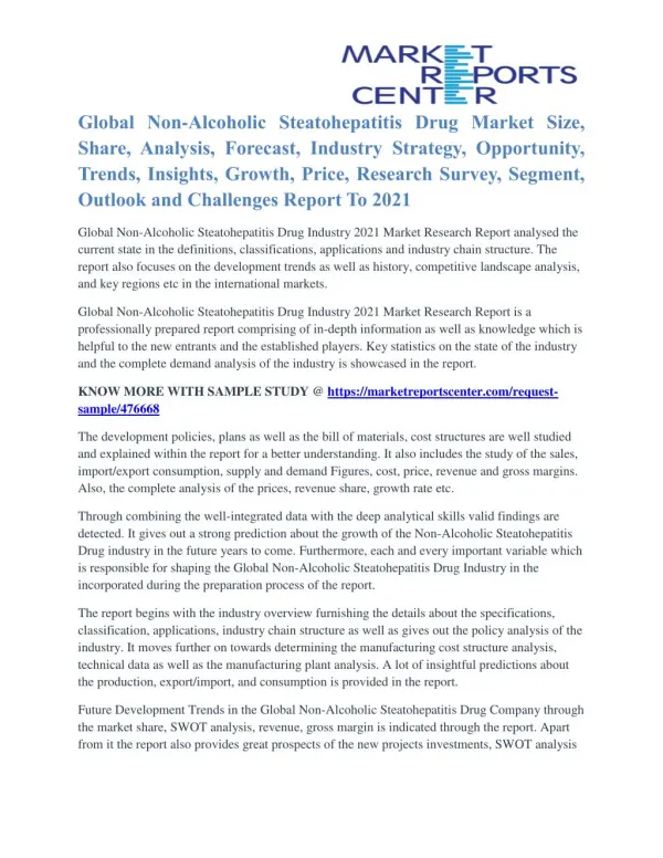 Non-Alcoholic Steatohepatitis Drug Market Key Vendors, Driver And Challenge To 2021