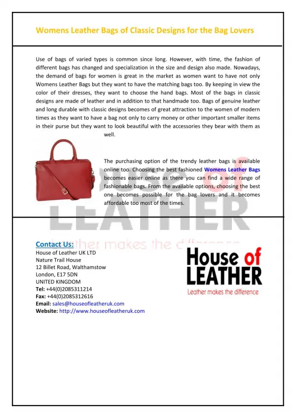 Womens Leather Bags of Classic Designs for the Bag Lovers