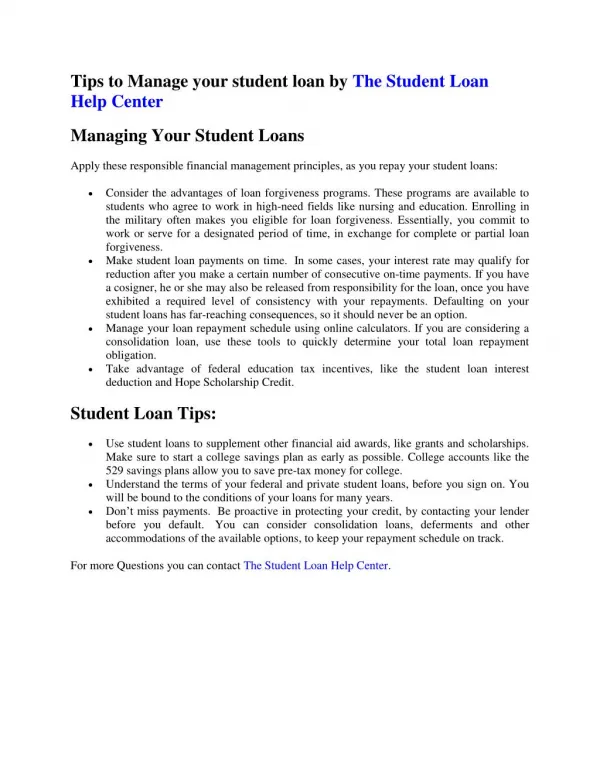 Tips to Manage your student loan by The Student Loan Help Center